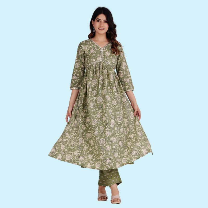 Ethnic Motifs Printed Mirror Work Pure Cotton A-Line Kurta Set