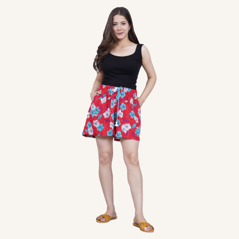 Floral Print Women Red Hot pants