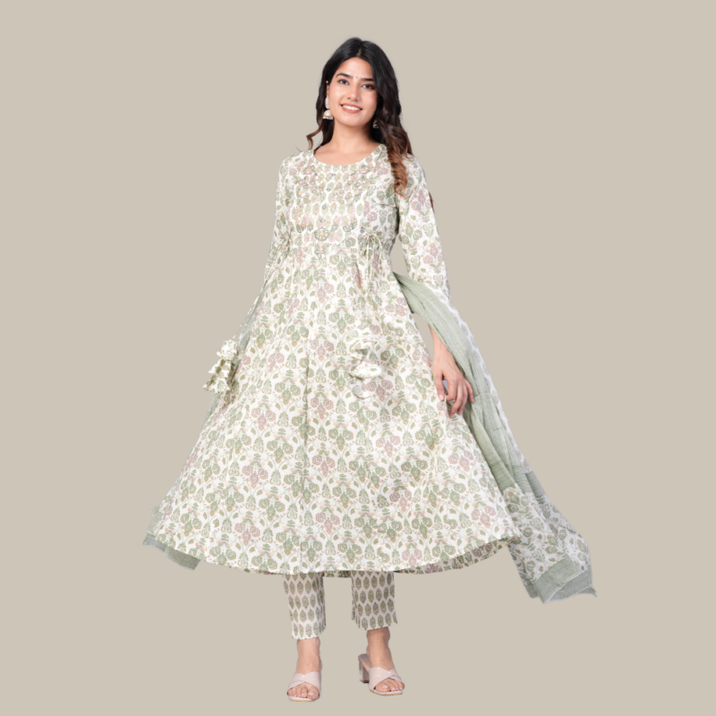 Printed Thread Work Anarkali Pure Cotton Kurta with Trousers & Dupatta