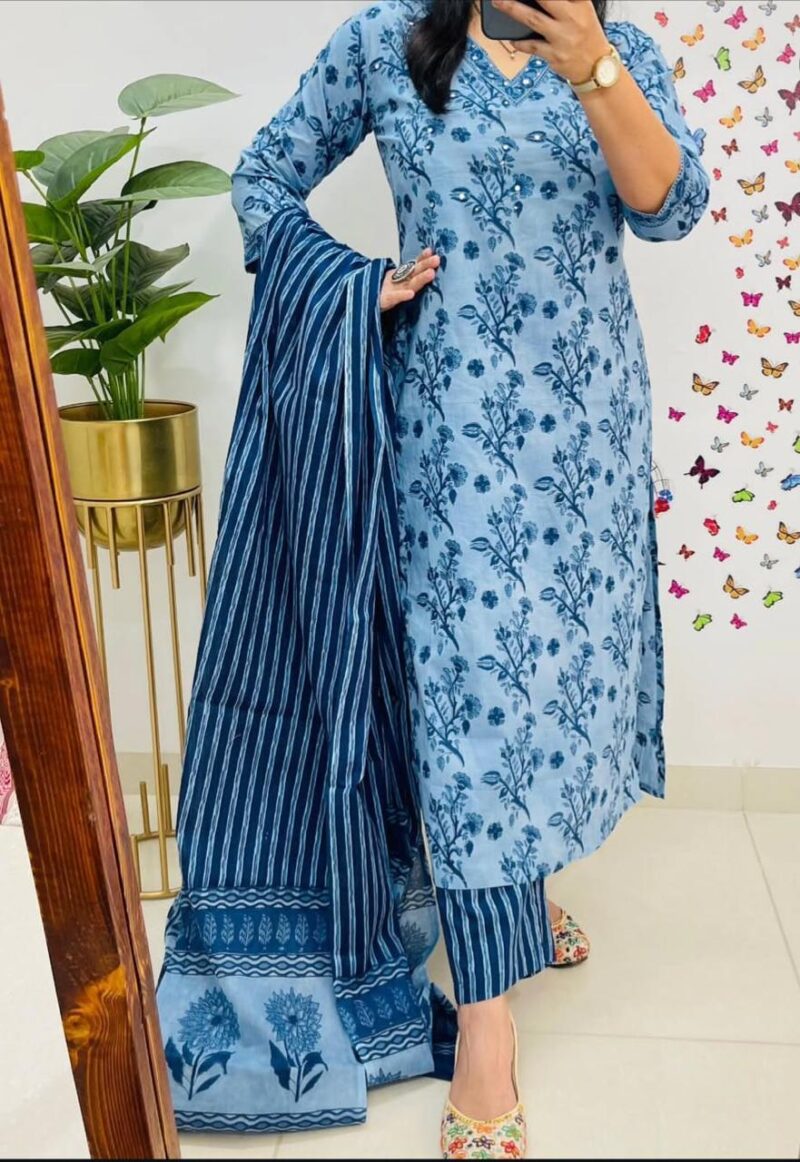 Heavy Cotton Kurti Pant Dupatta Set with Hand Sequence & Adda Work