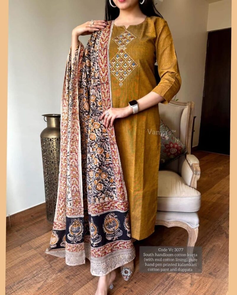 Handloom Kalamkari Cotton Kurti Pant Dupatta Set | Wedding & Festive Wear