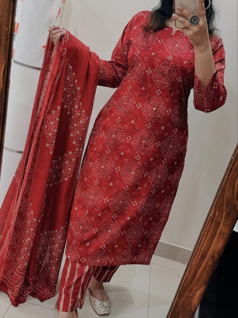 Karwa Chauth Special Bandhej Cotton Kurti Pant Dupatta Set | Mirror Work