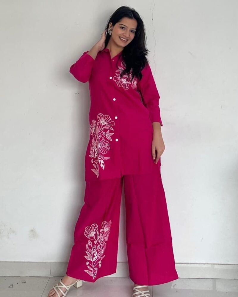 Premium Cotton Co-Ord Set for Women | Embroidered Top & Bottom | 3/4 Sleeve | Sizes M to XXXL