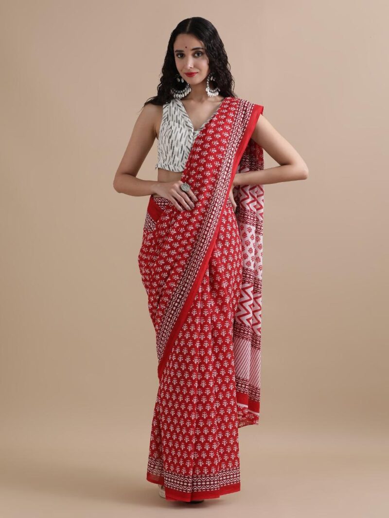 Hand Block Printed Pure Organic Cotton Sarees With matching Blouse