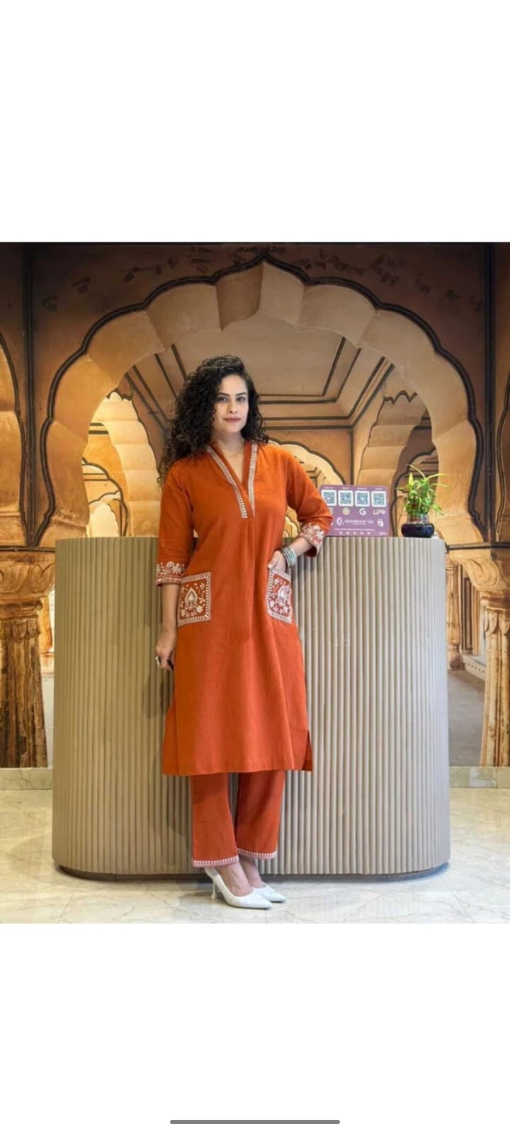 Festival Special Cotton Slub Co-ord Set – Embroidered Kurta Pant Set | Orange & Sky Blue