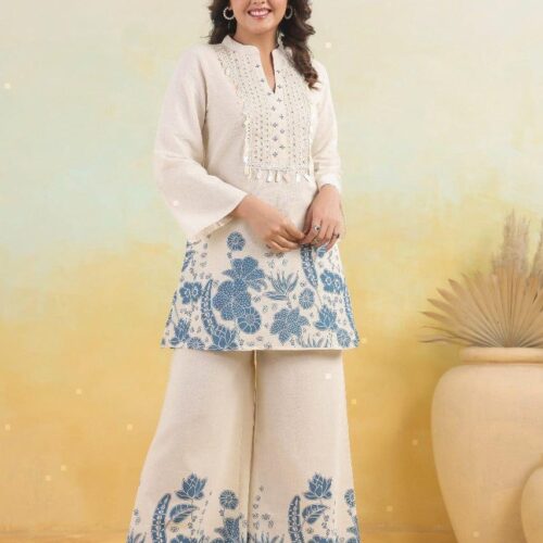 Festival Special Cotton Slub Kurti Plazo Co-Ord Set with Mirror & Hand Work