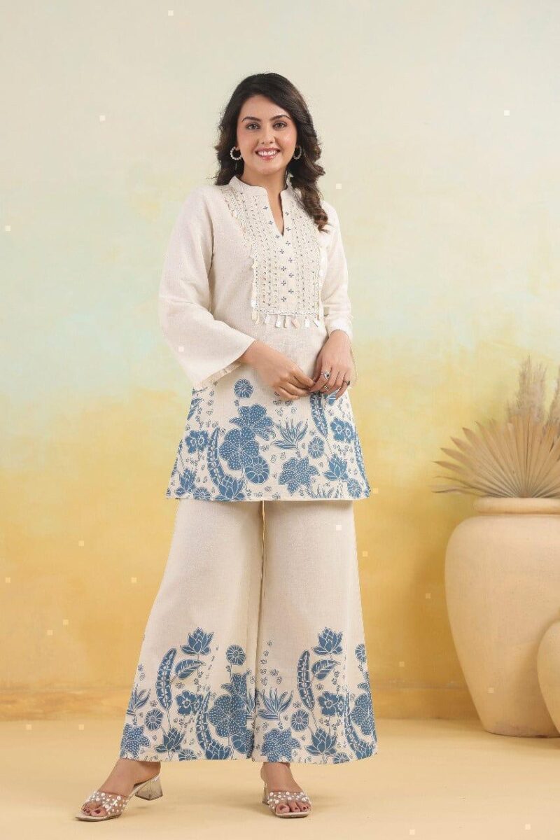 Festival Special Cotton Slub Kurti Plazo Co-Ord Set with Mirror & Hand Work