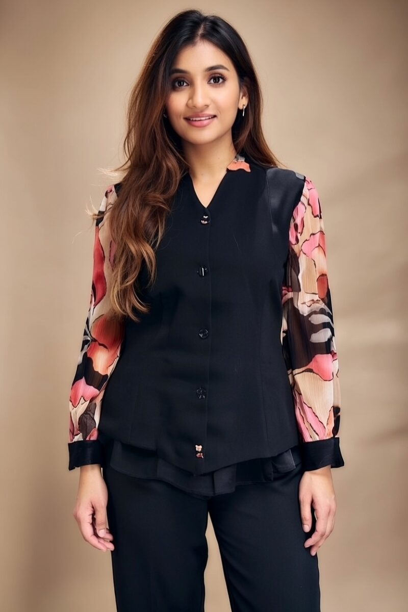 Premium Taj Cotton Co-Ord Set with Fox Georgette Sleeves | Office to Vacation Wear (Black & Cream)